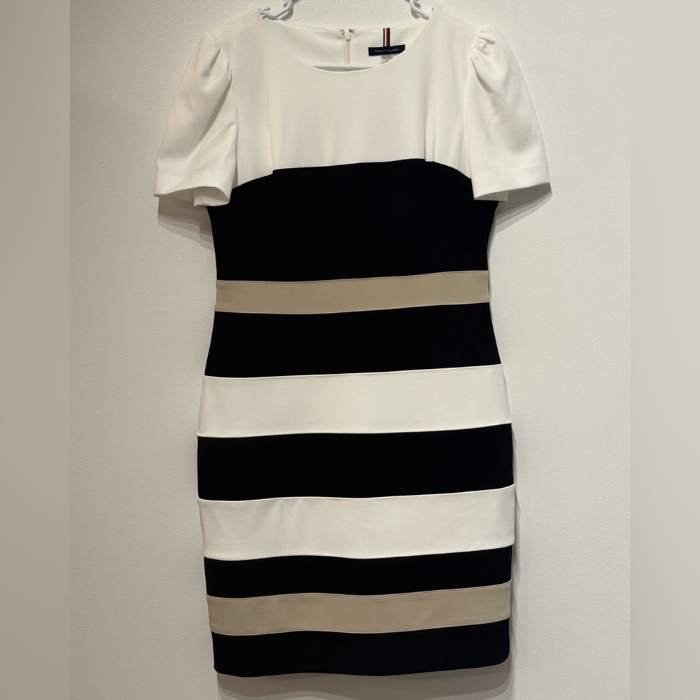Tommy Hilfiger Black, White, and Tan Striped Midi Dress